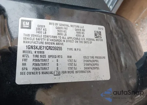 2012 Chevrolet Suburban 1500 Lt from USA, damaged, VIN 1GNSKJE71CR239255